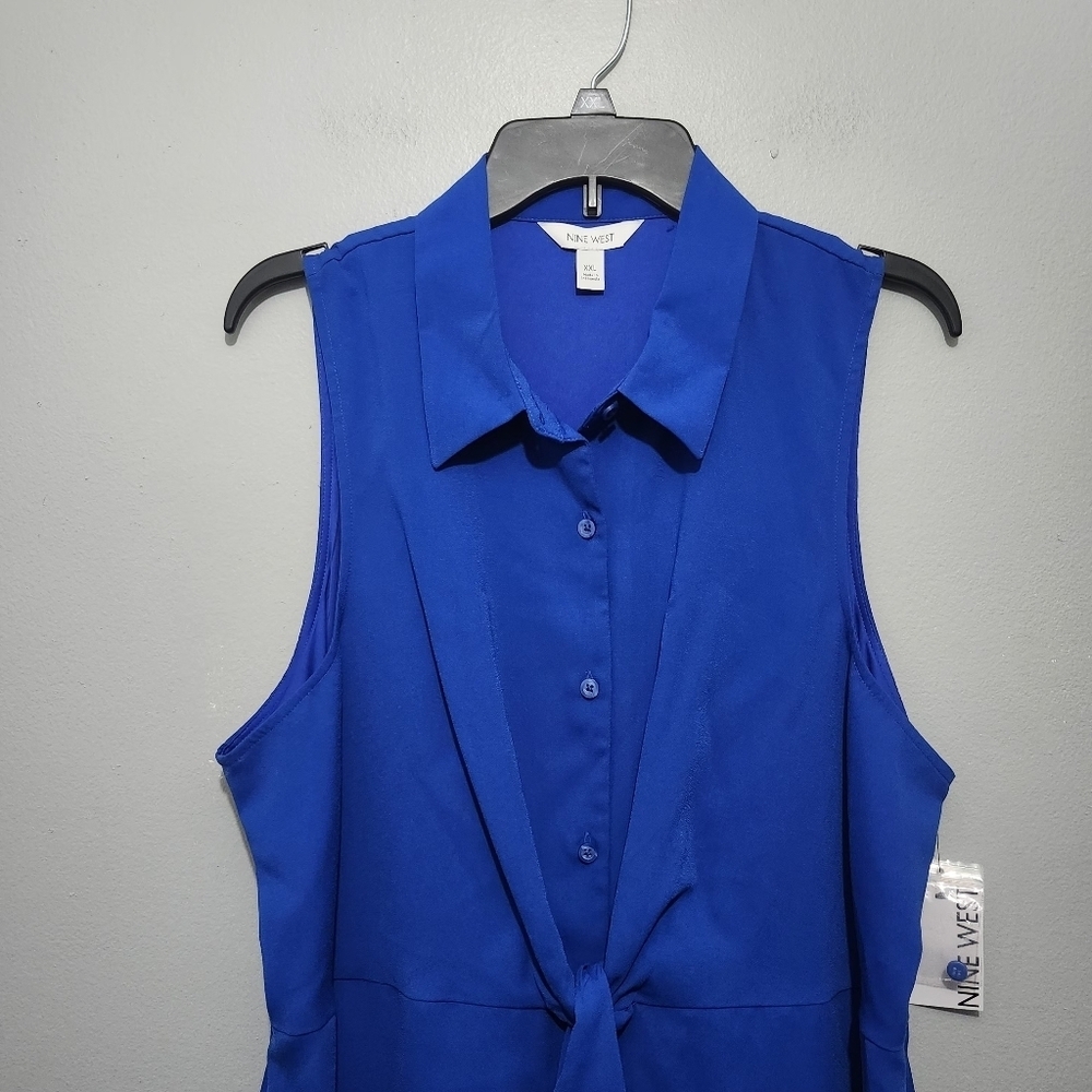 Nine West Tie Front Button Down Blue Mini Shirt Dress Size XXL New With Tags - Picture 2 of 7